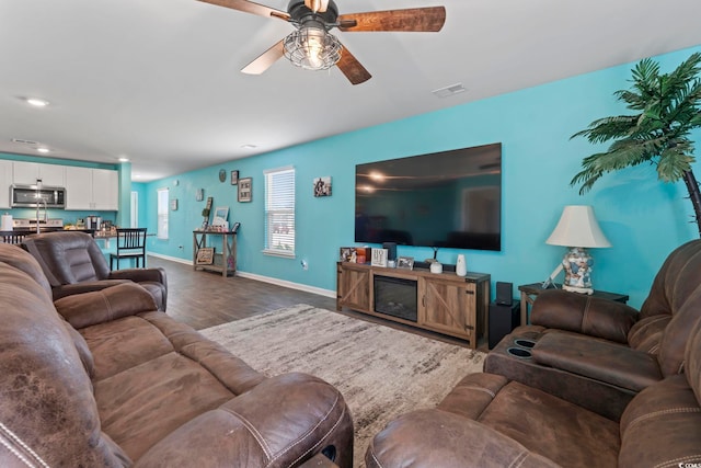 798 Woodland Farms Cir, Aynor, SC 29511 - living area with dark wood finished floors, ceiling fan, and recessed lighting