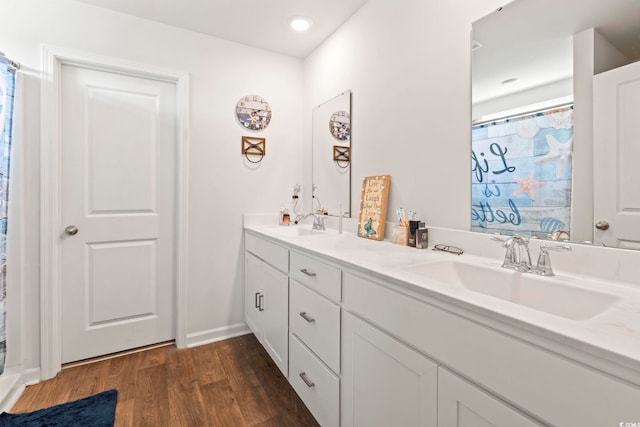 798 Woodland Farms Cir, Aynor, SC 29511 - full bath featuring double vanity, wood finished floors, a shower with curtain, and recessed lighting