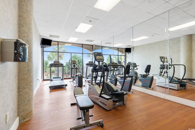4800 S Ocean Blvd Unit 920, North Myrtle Beach, SC 29582 - exercise room with wood finished floors, plenty of natural light, expansive windows, a drop ceiling, and a textured wall