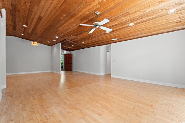 149 Old Cedar Loop, Pawleys Island, SC 29585 - unfurnished living room featuring light wood-style floors, recessed lighting, wooden ceiling, vaulted ceiling, and ceiling fan