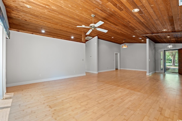 149 Old Cedar Loop, Pawleys Island, SC 29585 - unfurnished living room featuring wooden ceiling, light wood-type flooring, lofted ceiling, a ceiling fan, and recessed lighting
