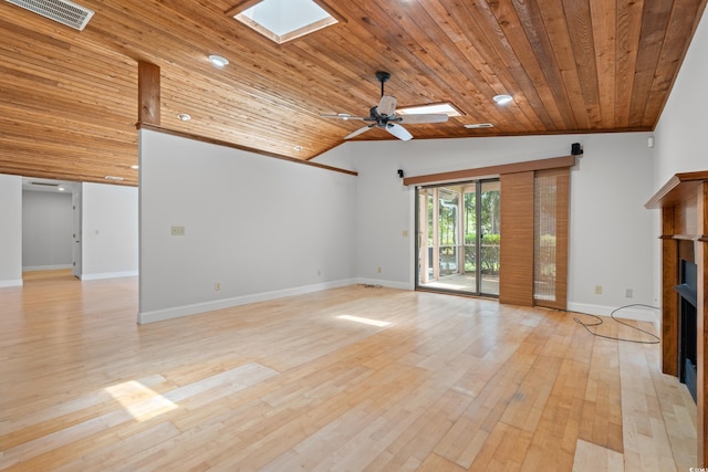 149 Old Cedar Loop, Pawleys Island, SC 29585 - unfurnished living room featuring wood ceiling, a fireplace, a skylight, vaulted ceiling, and ceiling fan