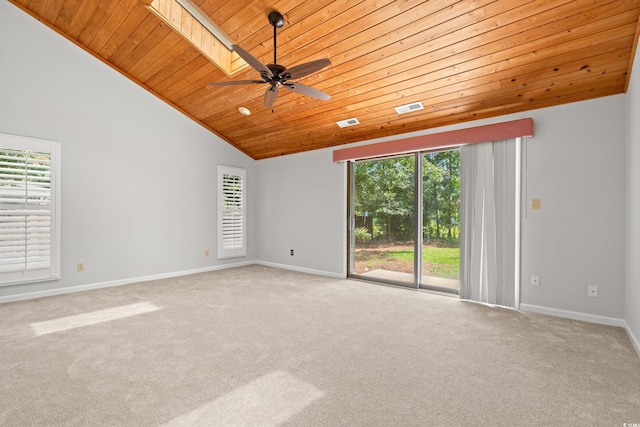 149 Old Cedar Loop, Pawleys Island, SC 29585 - carpeted spare room with wood ceiling, healthy amount of natural light, a ceiling fan, a skylight, and high vaulted ceiling