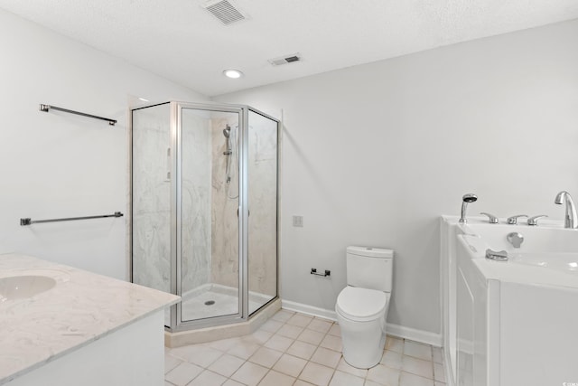 149 Old Cedar Loop, Pawleys Island, SC 29585 - bathroom with a stall shower, tile patterned flooring, vanity, a bath, and a textured ceiling