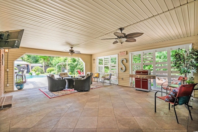 280 Morgan Ave, Little River, SC 29566 - fenced backyard featuring a ceiling fan, grilling area, a patio, an outdoor pool, and outdoor lounge area