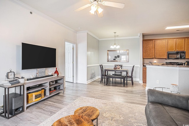 2005 Silvercrest Dr Unit 32F, Myrtle Beach, SC 29579 - living room with ornamental molding, light wood-style flooring, ceiling fan, and a chandelier