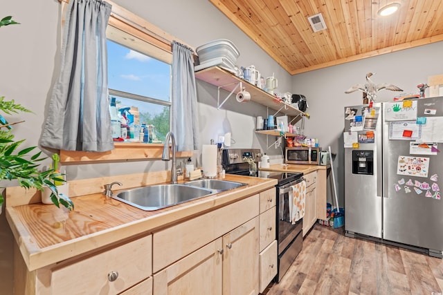 4486 Bethel Rd, Aynor, SC 29511 - kitchen featuring appliances with stainless steel finishes, light brown cabinetry, light wood finished floors, light countertops, and wooden ceiling