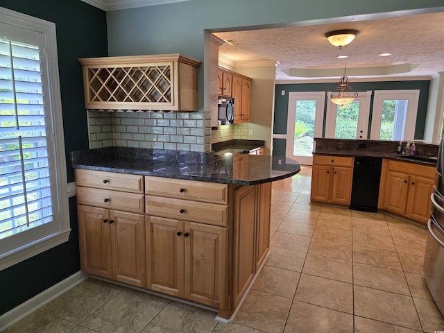 6542 Wellington Dr, Murrells Inlet, SC 29576 - kitchen with black microwave, ornamental molding, decorative backsplash, light tile patterned floors, and a peninsula