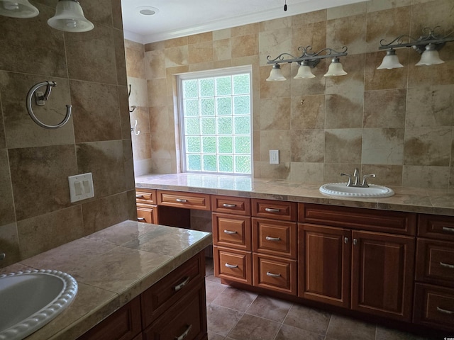 6542 Wellington Dr, Murrells Inlet, SC 29576 - full bathroom featuring vanity, crown molding, and tile walls