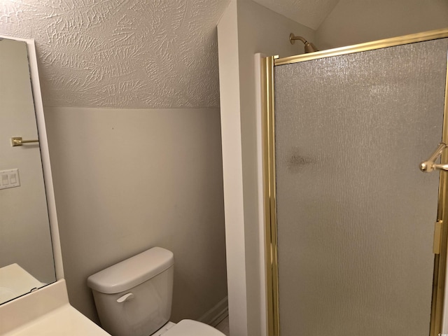 6542 Wellington Dr, Murrells Inlet, SC 29576 - full bath with lofted ceiling, a shower with door, a textured ceiling, and vanity