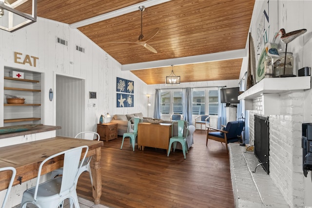 204 55th Ave N, North Myrtle Beach, SC 29582 - dining space with wooden ceiling, hardwood / wood-style flooring, wood walls, a ceiling fan, and lofted ceiling