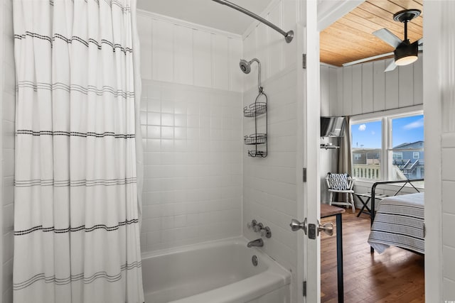 204 55th Ave N, North Myrtle Beach, SC 29582 - full bathroom with shower / bath combo, a ceiling fan, wood finished floors, and wood ceiling
