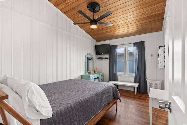 204 55th Ave N, North Myrtle Beach, SC 29582 - bedroom featuring wooden ceiling, vaulted ceiling, hardwood / wood-style flooring, and a ceiling fan