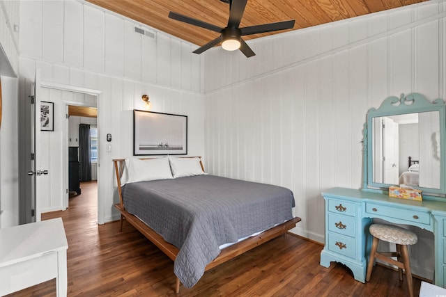 204 55th Ave N, North Myrtle Beach, SC 29582 - bedroom with dark wood-type flooring, wooden ceiling, and ceiling fan