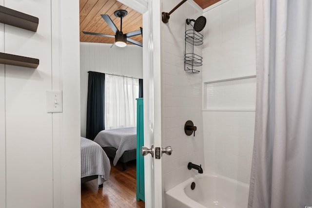204 55th Ave N, North Myrtle Beach, SC 29582 - full bath with shower / bath combo, ceiling fan, ensuite bathroom, wood finished floors, and wooden ceiling