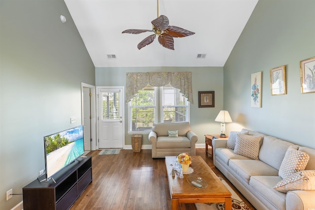 100 Culpepper Way Unit 1003, Myrtle Beach, SC 29579 - living area with high vaulted ceiling, wood finished floors, and ceiling fan