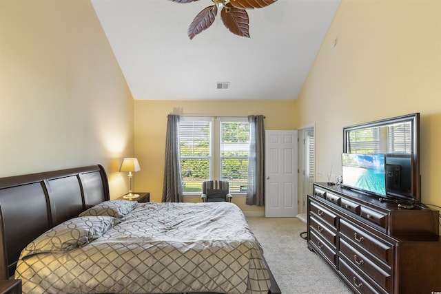 100 Culpepper Way Unit 1003, Myrtle Beach, SC 29579 - bedroom featuring light colored carpet, high vaulted ceiling, and a ceiling fan