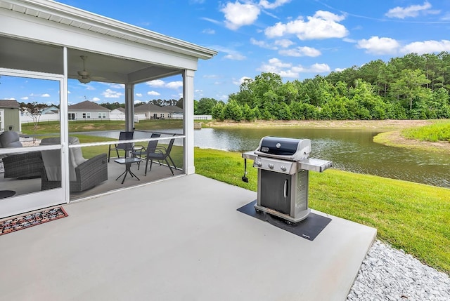 1898 Moonseed Dr, Longs, SC 29568 - view of patio / terrace with grilling area, a water view, and a ceiling fan