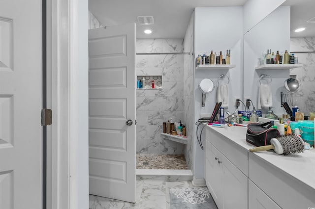 1078 Saltgrass Way, Myrtle Beach, SC 29588 - bathroom with marble finish floors, a tile shower, vanity, and recessed lighting