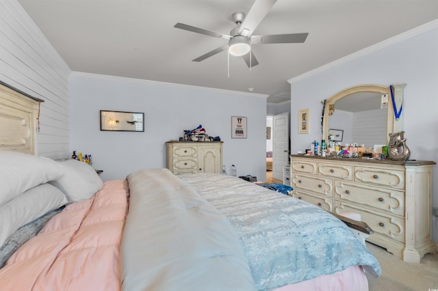 1078 Saltgrass Way, Myrtle Beach, SC 29588 - bedroom featuring crown molding, ceiling fan, light carpet, and wood walls