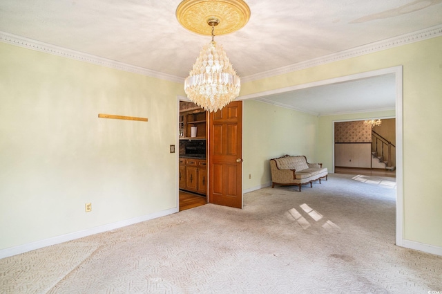 4920 Meadow St, Loris, SC 29569 - carpeted empty room with a chandelier, stairs, and crown molding