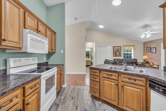 1206 Formby Ct, Myrtle Beach, SC 29588 - kitchen featuring white appliances, a ceiling fan, dark countertops, open floor plan, and vaulted ceiling