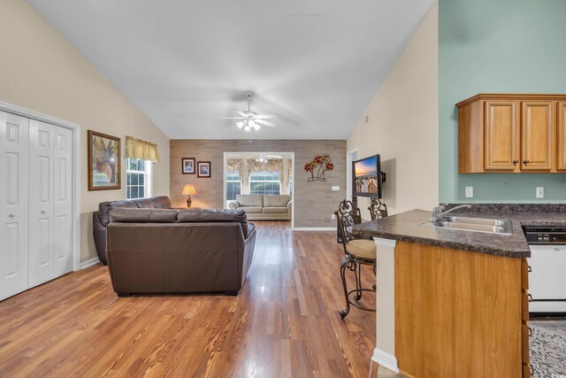 1206 Formby Ct, Myrtle Beach, SC 29588 - living area with light wood-style flooring, a ceiling fan, and vaulted ceiling