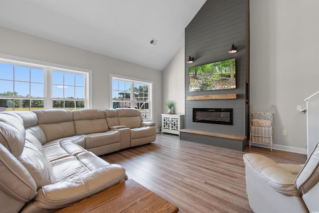 3617 Pasture Rd, Aynor, SC 29511 - living area featuring high vaulted ceiling, healthy amount of natural light, wood finished floors, and a fireplace