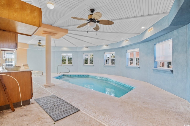 4552 River Rd, Little River, SC 29566 - indoor pool with ceiling fan and decorative columns