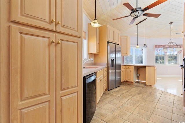 4552 River Rd, Little River, SC 29566 - kitchen featuring stainless steel fridge, light brown cabinetry, dishwasher, a ceiling fan, and light countertops