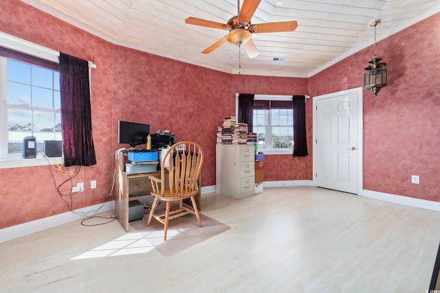 4552 River Rd, Little River, SC 29566 - office featuring wood finished floors, a ceiling fan, and wooden ceiling