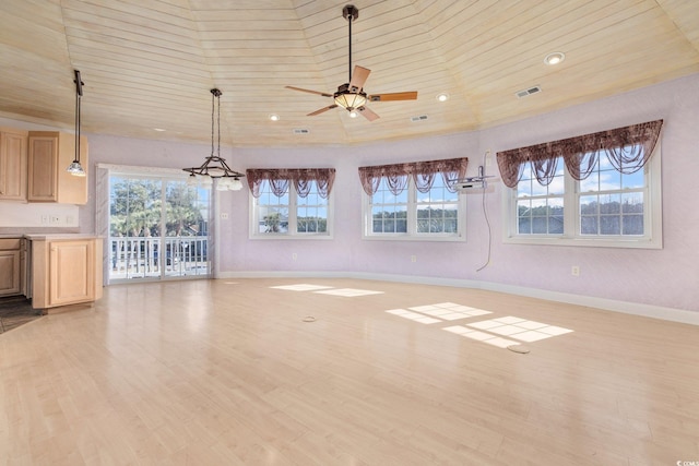 4552 River Rd, Little River, SC 29566 - unfurnished living room with light wood-type flooring, ceiling fan, wood ceiling, vaulted ceiling, and recessed lighting