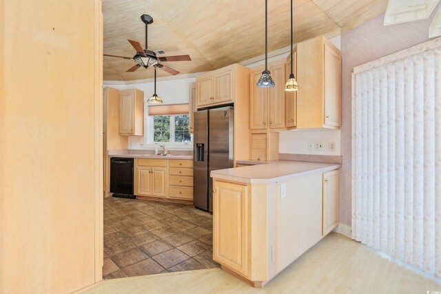 4552 River Rd, Little River, SC 29566 - kitchen featuring stainless steel fridge, light brown cabinetry, black dishwasher, ceiling fan, and wooden ceiling