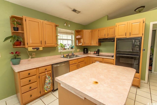 318 Muirfield Rd, Myrtle Beach, SC 29588 - kitchen featuring black appliances, open shelves, under cabinet range hood, lofted ceiling, and light countertops