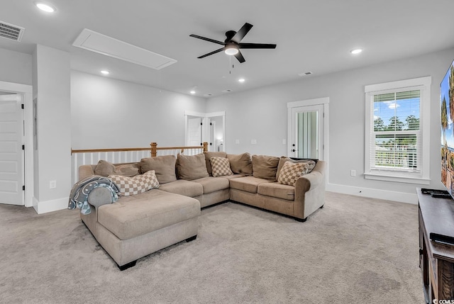 1216 Newell Dr, Myrtle Beach, SC 29588 - carpeted living room featuring attic access, a ceiling fan, and recessed lighting