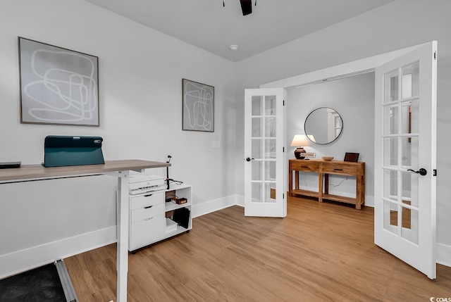 1216 Newell Dr, Myrtle Beach, SC 29588 - office area featuring french doors, light wood-style floors, and ceiling fan