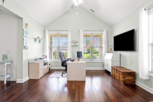 1715 Lake Egret Dr, North Myrtle Beach, SC 29582 - office area with ceiling fan, dark wood-style floors, and lofted ceiling