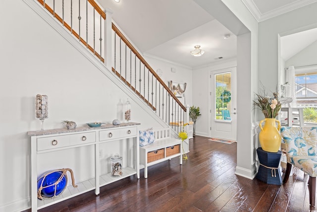 1715 Lake Egret Dr, North Myrtle Beach, SC 29582 - foyer entrance with stairs, hardwood / wood-style flooring, and ornamental molding