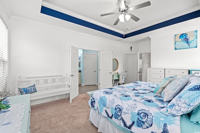 1715 Lake Egret Dr, North Myrtle Beach, SC 29582 - bedroom with a raised ceiling, light colored carpet, ornamental molding, and a ceiling fan