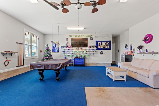 1715 Lake Egret Dr, North Myrtle Beach, SC 29582 - rec room with ceiling fan, carpet floors, and billiards