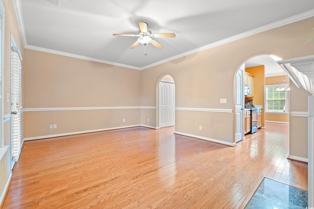 1654 Low Country Pl Unit C, Myrtle Beach, SC 29577 - empty room with arched walkways, a ceiling fan, light wood-type flooring, a chandelier, and ornamental molding