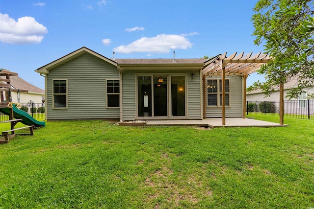 124 Shady Arbor Loop, Longs, SC 29568 - back of house with a patio area, a pergola, and a playground