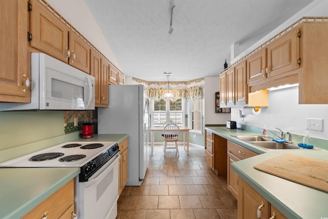 556 Crusade Cir, Conway, SC 29526 - kitchen featuring white appliances, tile patterned flooring, a textured ceiling, light countertops, and pendant lighting