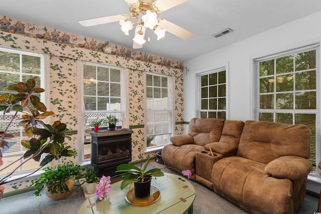 556 Crusade Cir, Conway, SC 29526 - carpeted living room with wallpapered walls and a ceiling fan