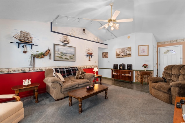 556 Crusade Cir, Conway, SC 29526 - living area featuring ceiling fan, track lighting, vaulted ceiling, and carpet floors