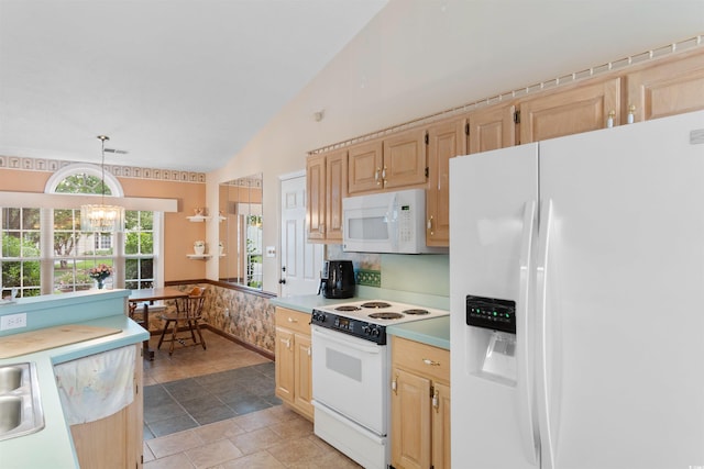 556 Crusade Cir, Conway, SC 29526 - kitchen featuring white appliances, light countertops, vaulted ceiling, light brown cabinets, and a chandelier