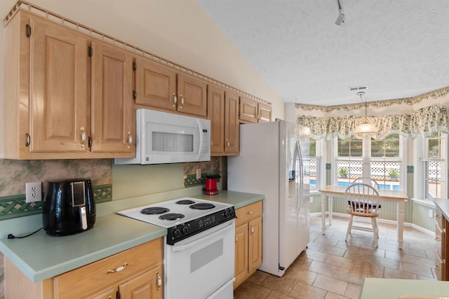 556 Crusade Cir, Conway, SC 29526 - kitchen with white appliances, backsplash, a textured ceiling, light countertops, and vaulted ceiling