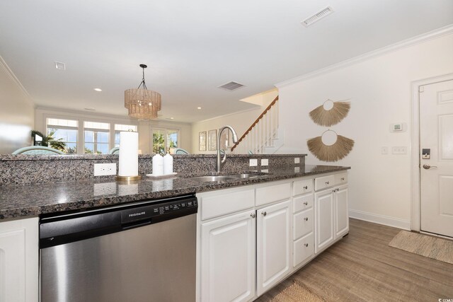 611 N Ocean Blvd, Surfside Beach, SC 29575 - kitchen featuring dishwasher, crown molding, light wood-type flooring, white cabinetry, and a chandelier