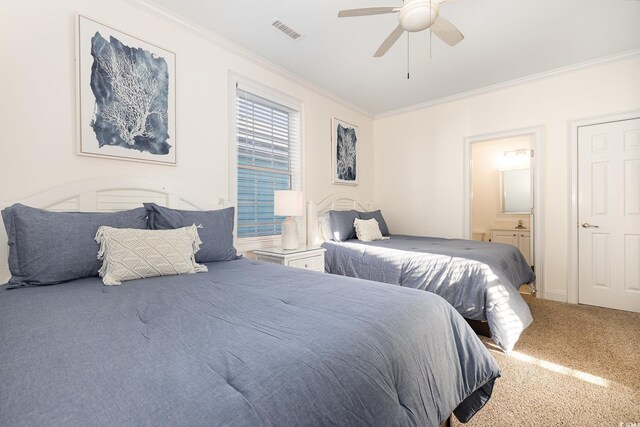 611 N Ocean Blvd, Surfside Beach, SC 29575 - bedroom featuring crown molding, carpet flooring, connected bathroom, and ceiling fan