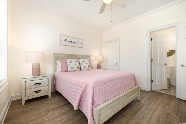 611 N Ocean Blvd, Surfside Beach, SC 29575 - bedroom featuring wood finished floors, ornamental molding, a ceiling fan, and ensuite bathroom
